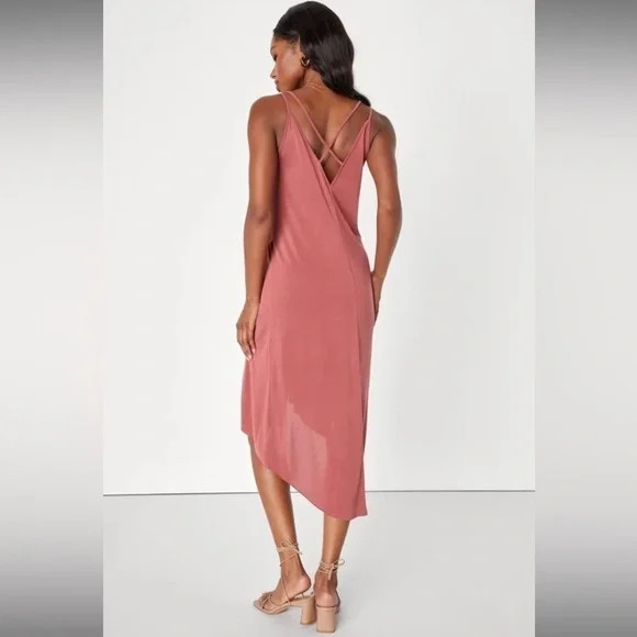 Lulu’s Hi-Low Twin Spaghetti Strap Stretch Knit Dress In Washed Red Size M - Picture 2 of 10